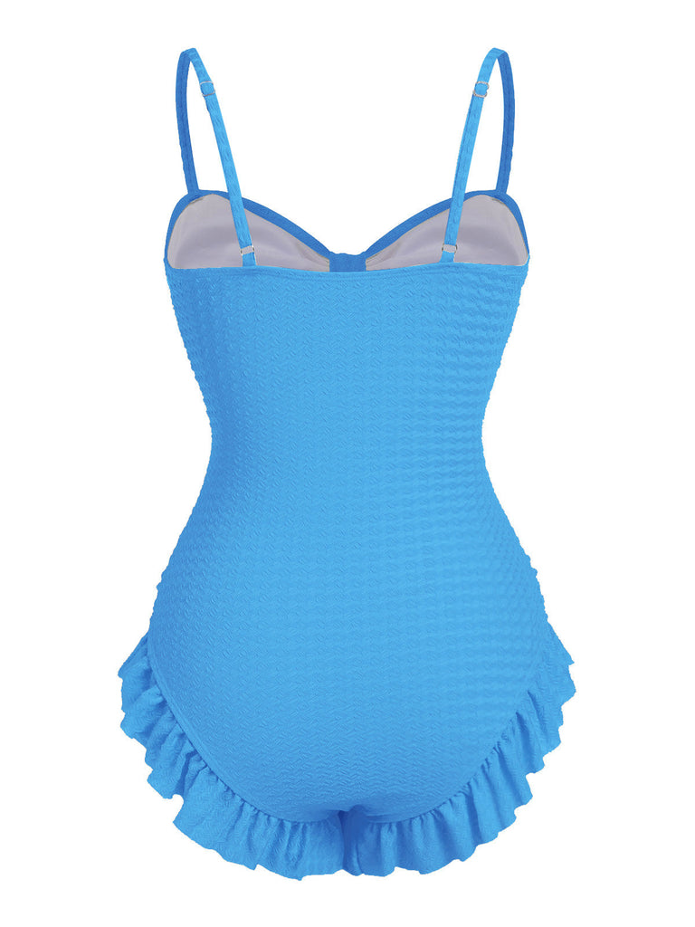 Blue 1950s Solid Ruched Swimsuit
