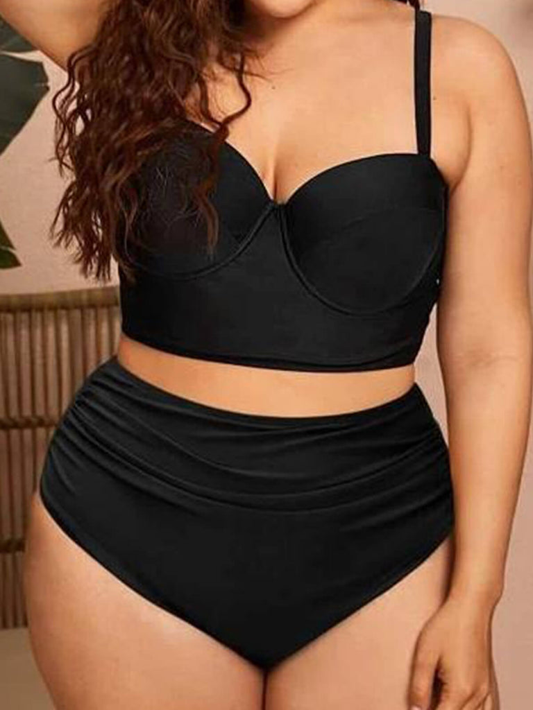 [Plus Size] 1950s Solid Spaghetti Straps Bikini