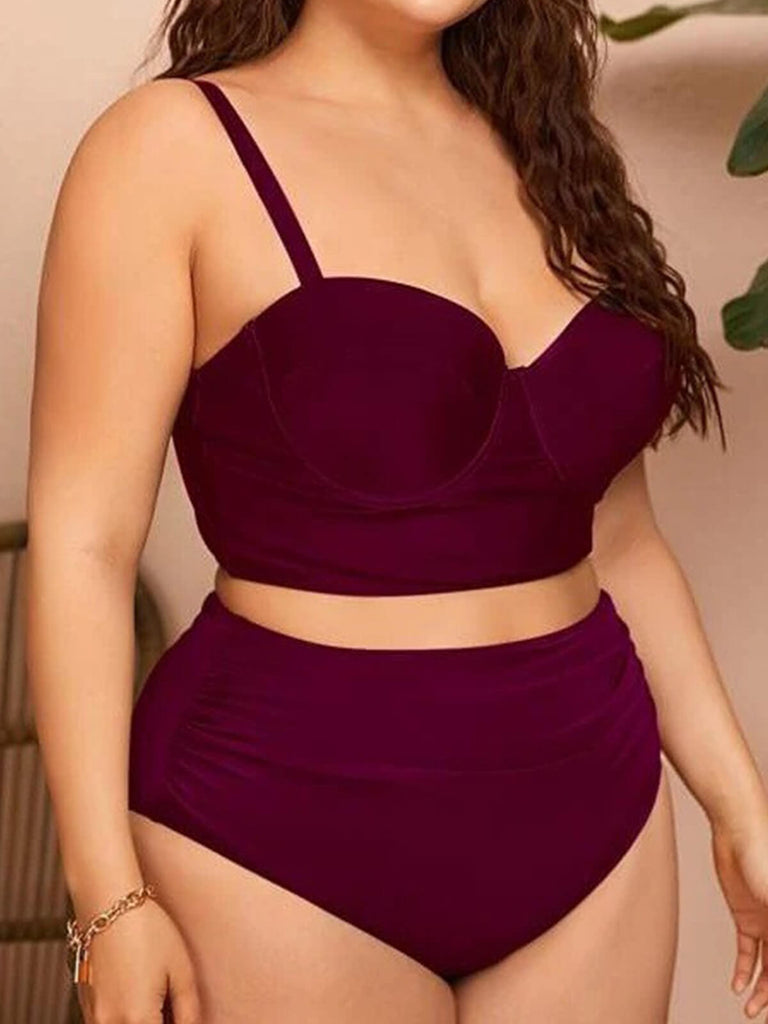 [Plus Size] 1950s Solid Spaghetti Straps Bikini