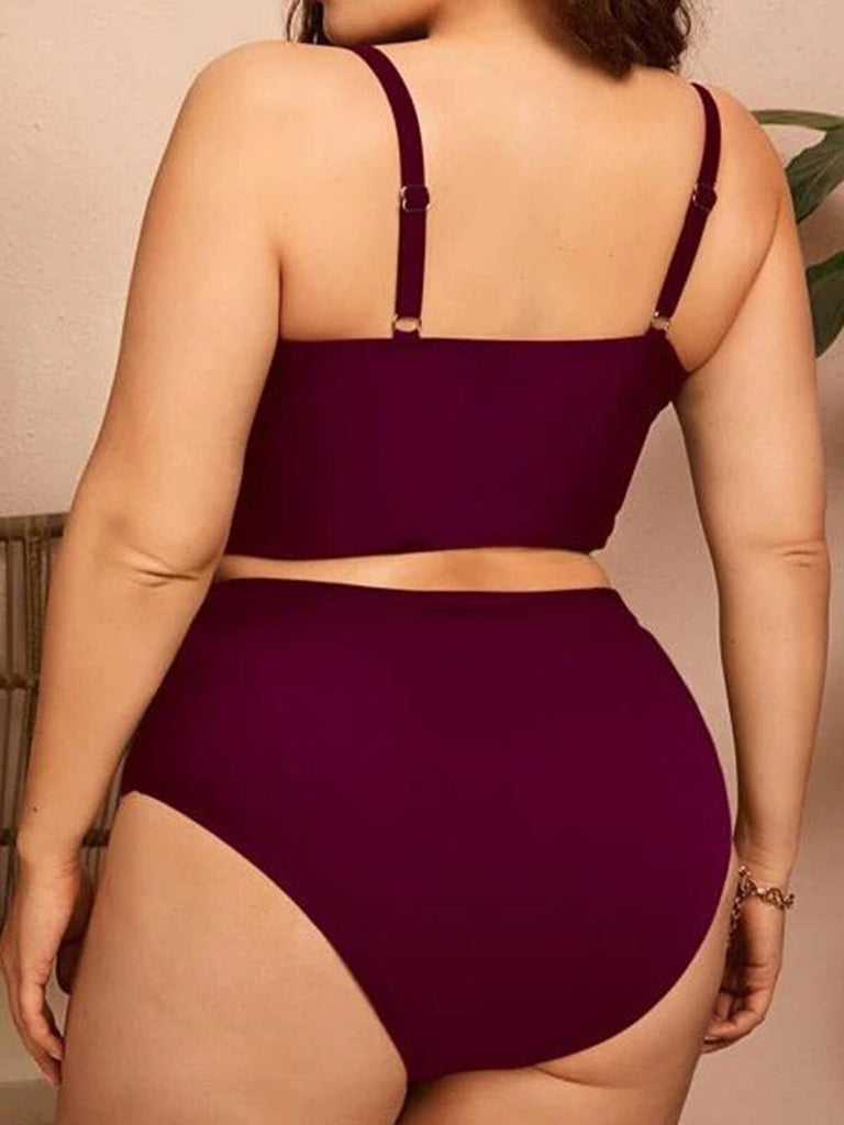 [Plus Size] 1950s Solid Spaghetti Straps Bikini