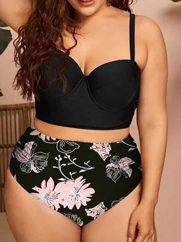 [Plus Size] 1950s Spaghetti Strap Floral Swimsuit