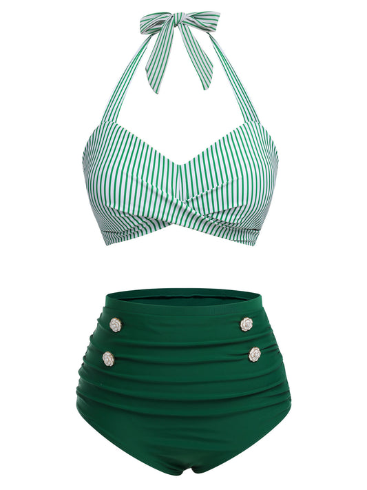 Green 1940s Striped Halter Swimsuit Set