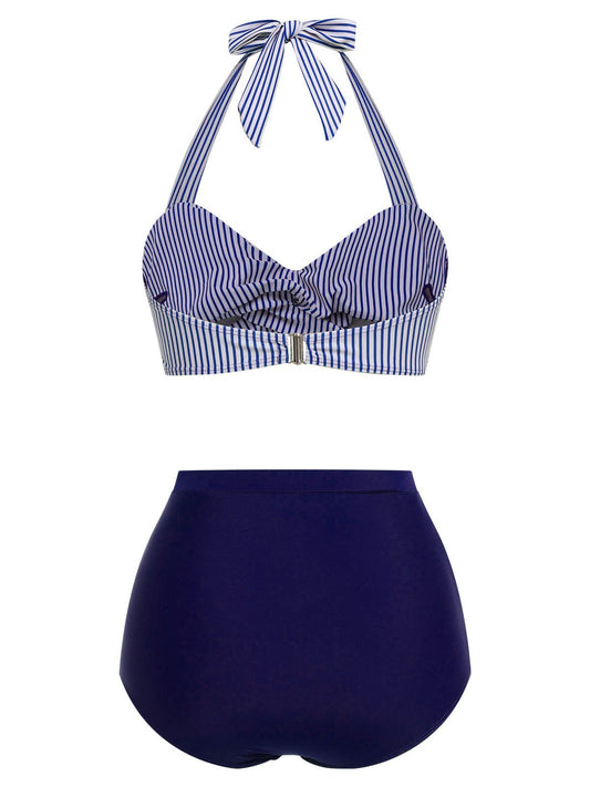 Blue 1940s Striped Halter Swimsuit Set