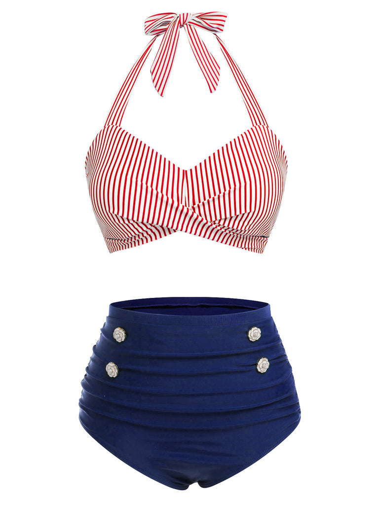 [Pre-Sale] Red & Blue 1940s Striped Halter Swimsuit Set