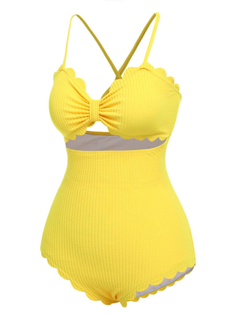 Yellow 1950s Spaghetti Strap One-Piece Swimsuit