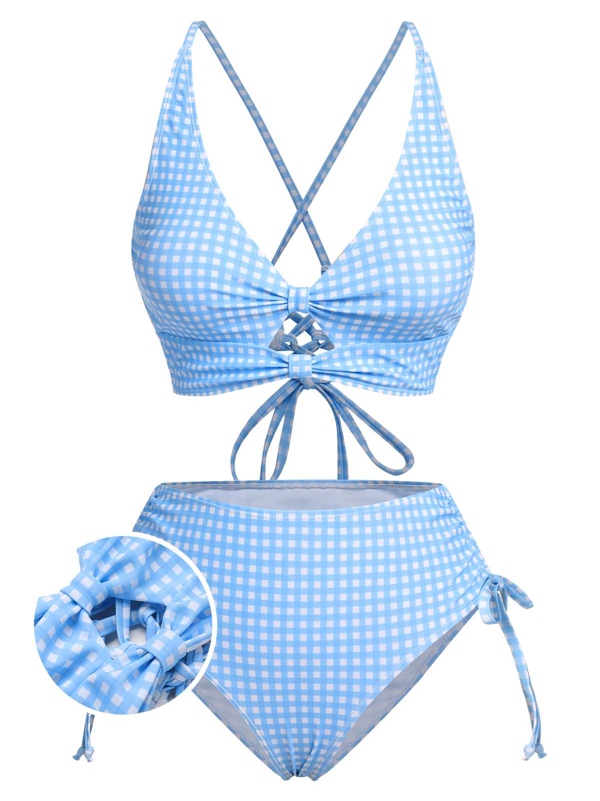 90s Vintage Inspired Blue Gingham Cherry Print Strappy Bikini Set | Pinup  Couture Swim