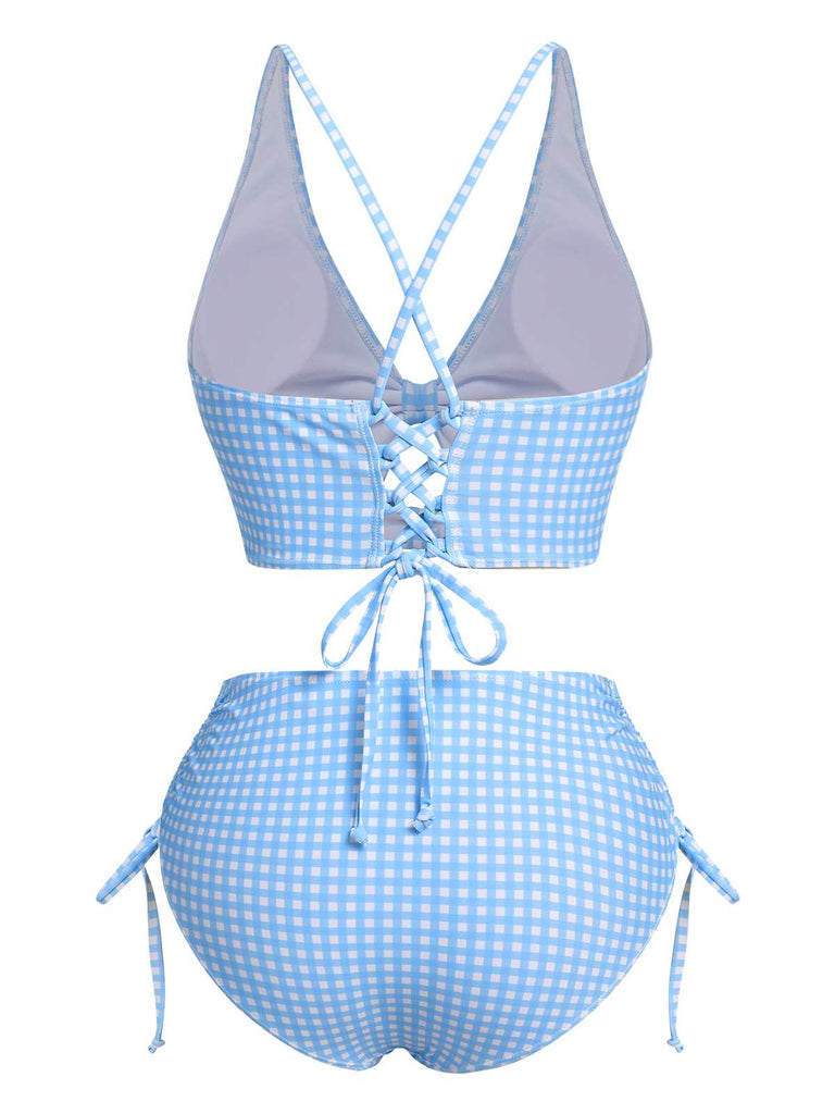 Blue 1950s Spaghetti Strap Plaids Swimsuit