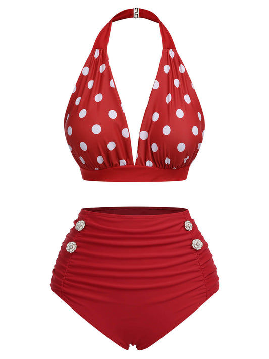 Red 1950s Polka Dot Halter Separate Swimsuit