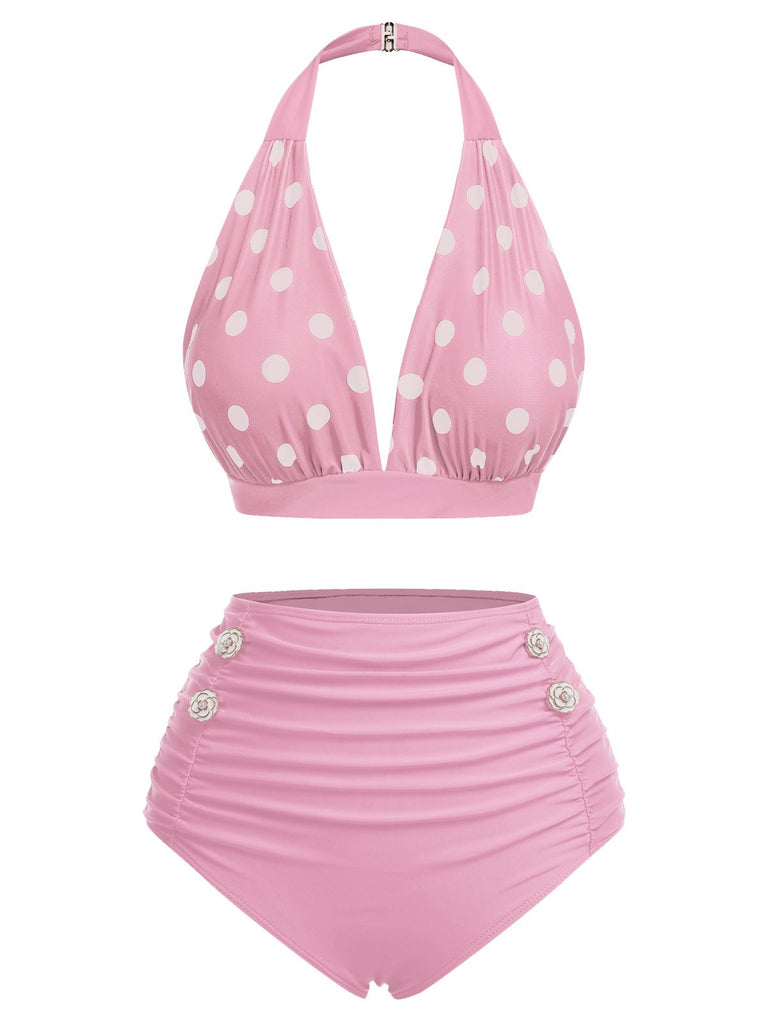 Pink 1950s Polka Dot Halter Separate Swimsuit