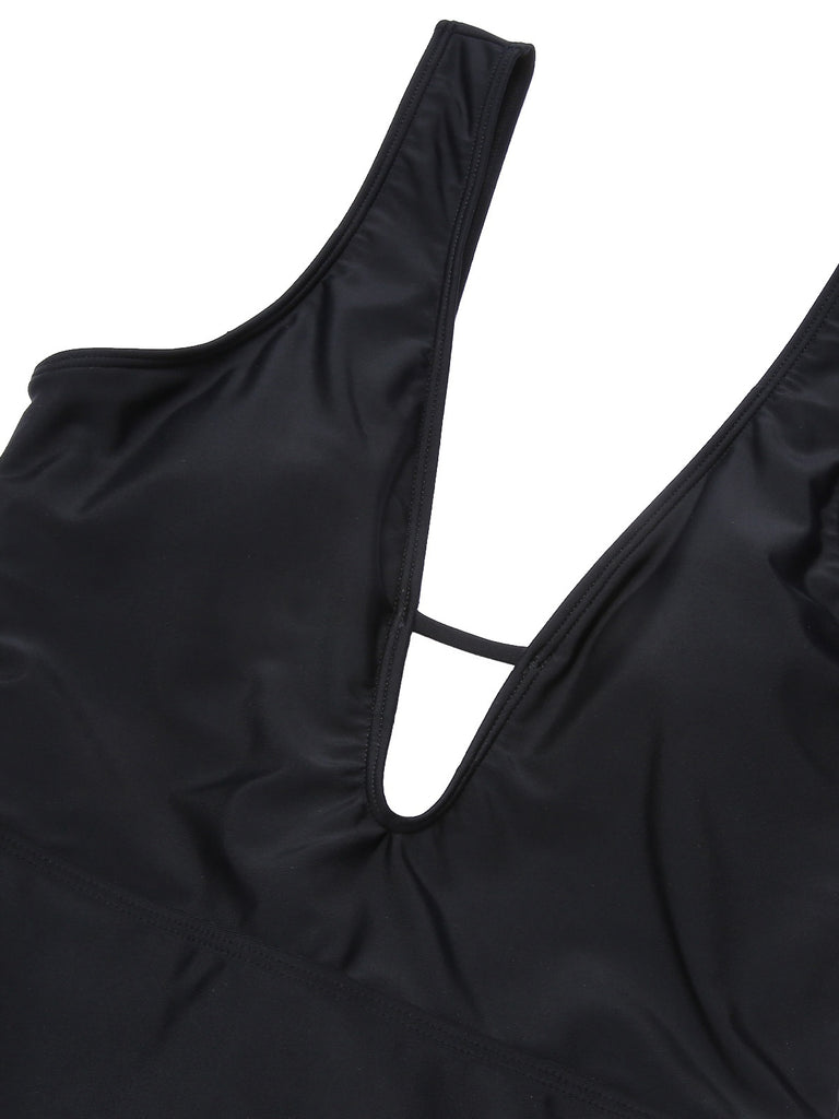 Black 1950s Polka Dot V-Neck Bow Swimsuit