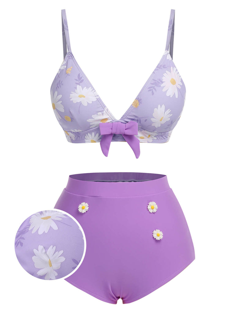 Purple 1950s Daisy Bow Strap Swimsuit