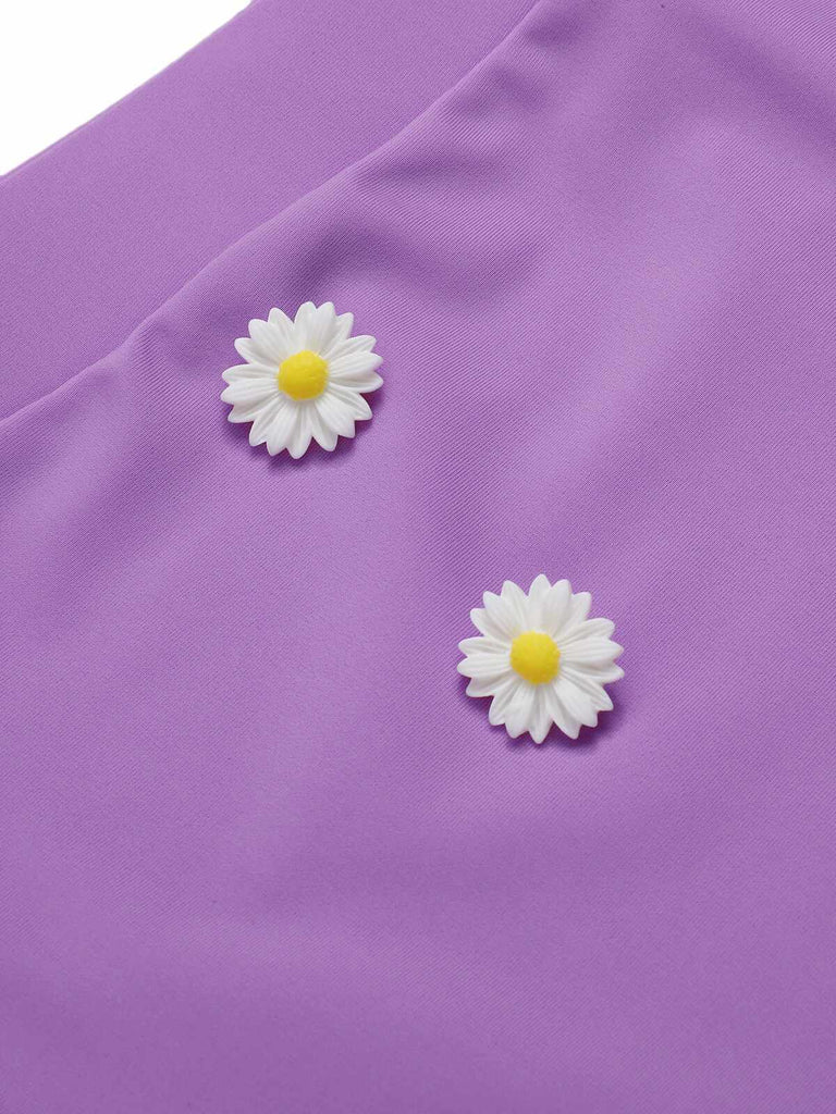 Purple 1950s Daisy Bow Strap Swimsuit