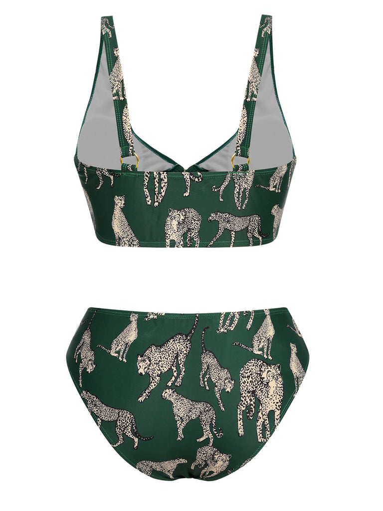 Green 1940s Leopard Halter Split Swimsuit