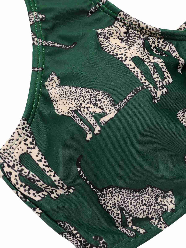 Green 1940s Leopard Halter Split Swimsuit