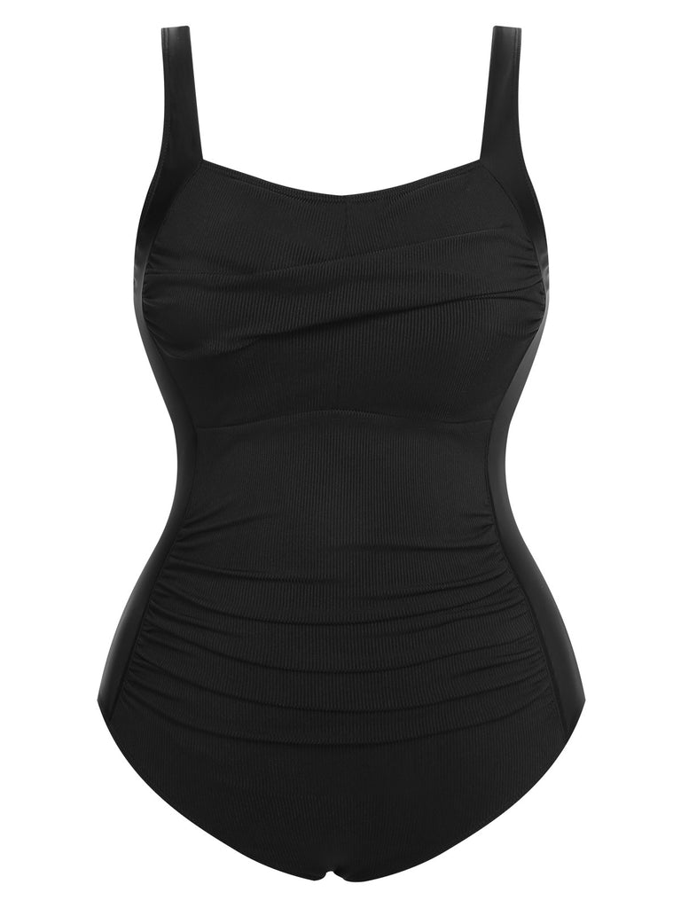 [Plus Size] Black 1960s Pleated Solid Swimsuit