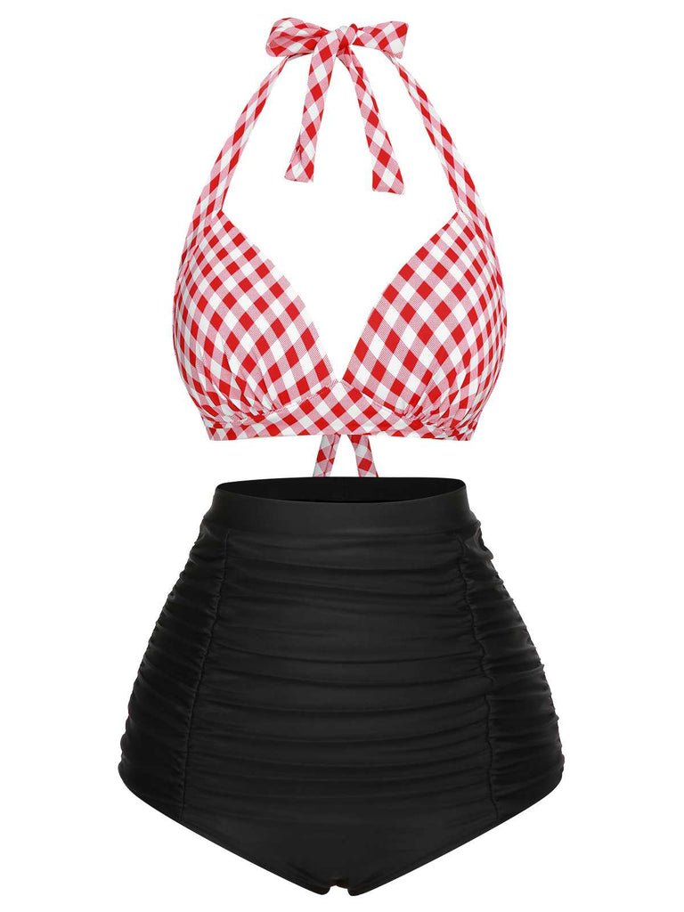 1950s Halter Plaids Lace-Up Swimsuit