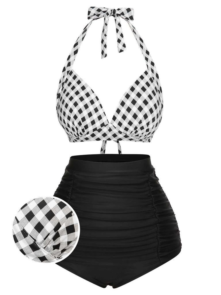 1950s Halter Plaids Lace-Up Swimsuit