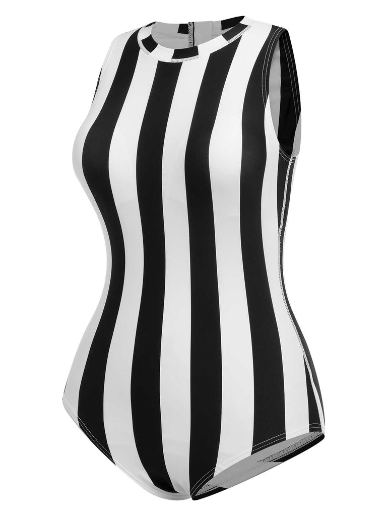 1950s Contrast Stripes Triangle One-Piece Swimsuit