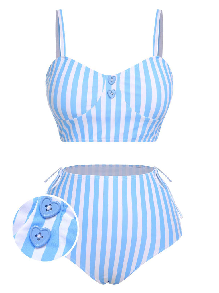 Blue 1950s Striped Heart Button Swimsuit