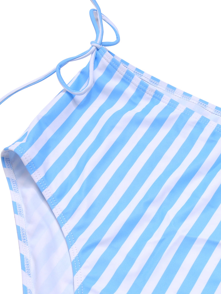 Blue 1950s Striped Heart Button Swimsuit