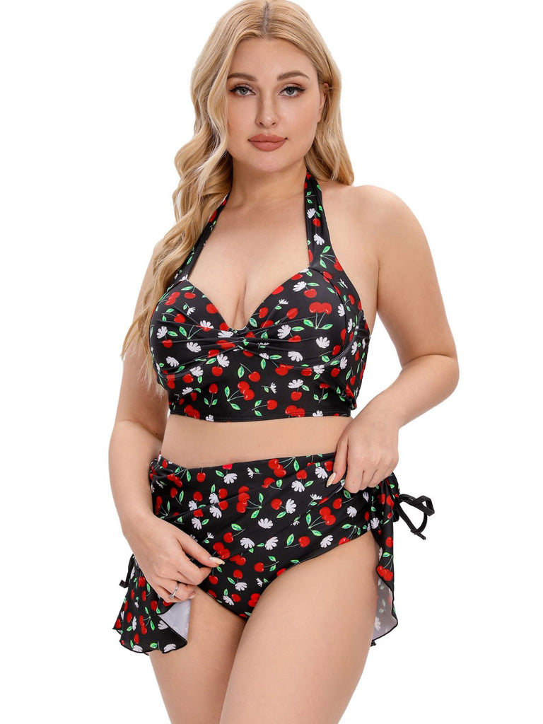 [Plus Size] Black 1930s Cherry Halter Swimsuit