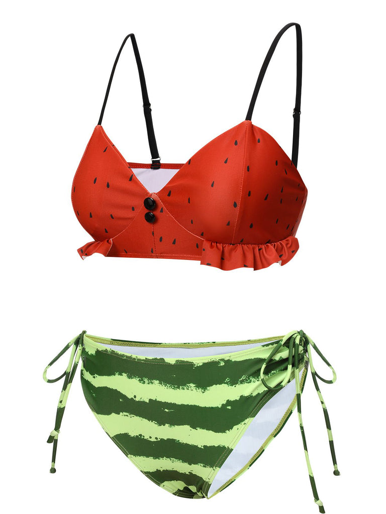 Red 1950s Watermelon Suspender Bikini Set