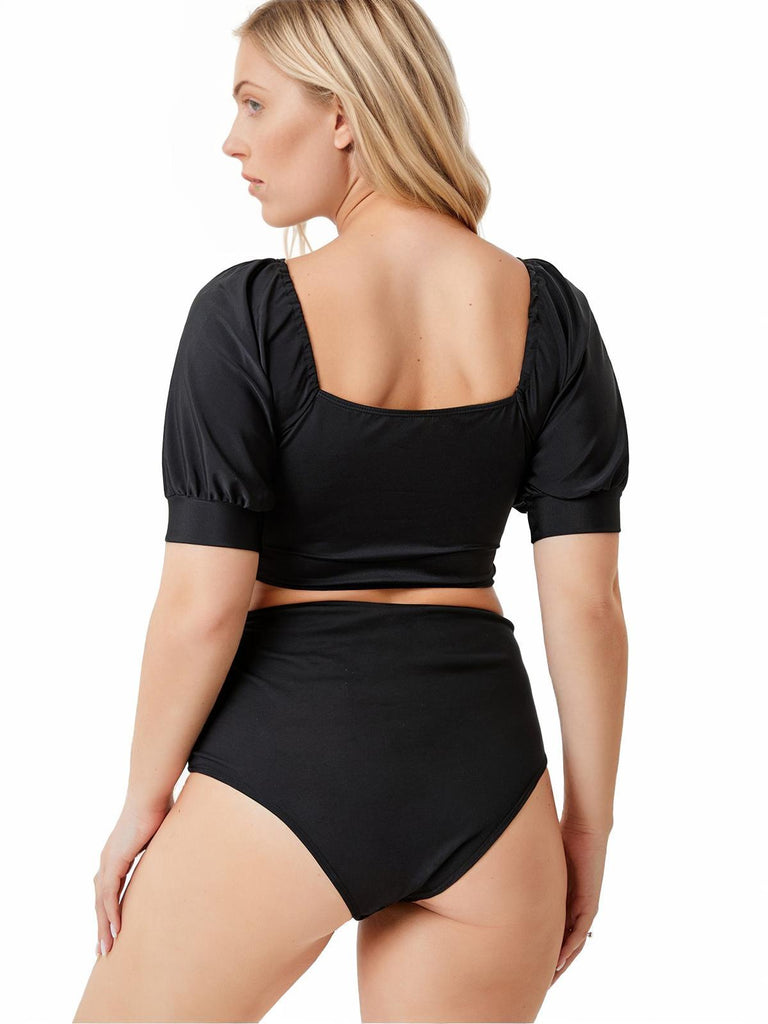 [Plus Size] Black 1960s Solid Hollow Puff Swimsuit