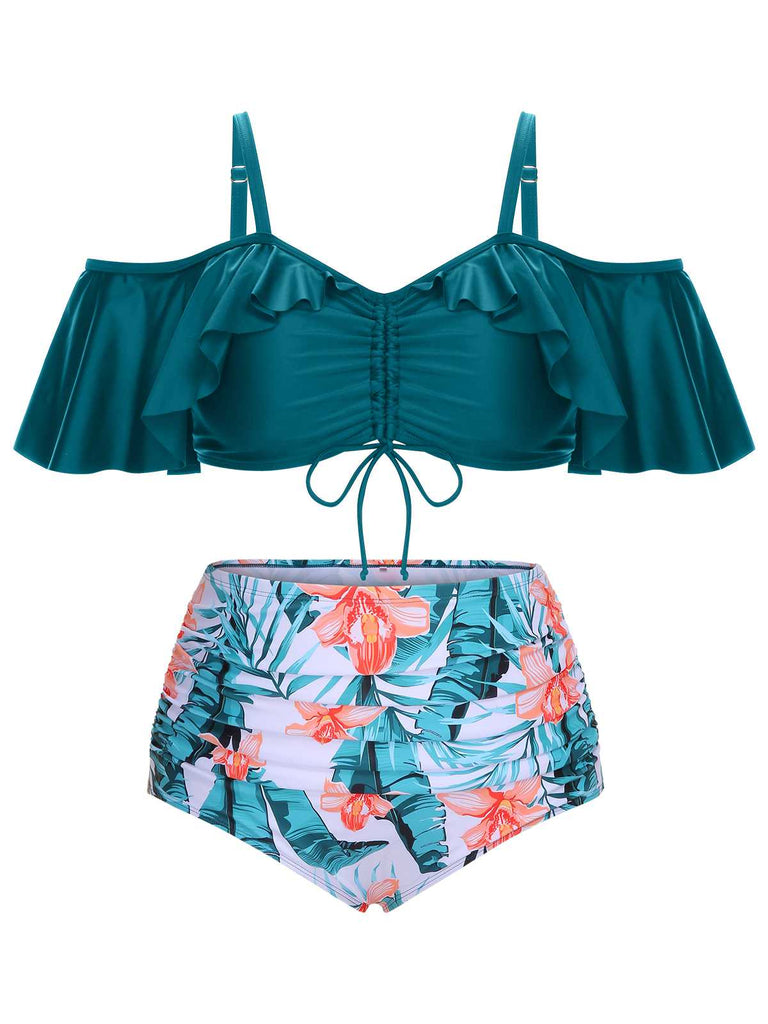 [Plus Size] Green 1950s Strap Floral Ruffles Swimsuit