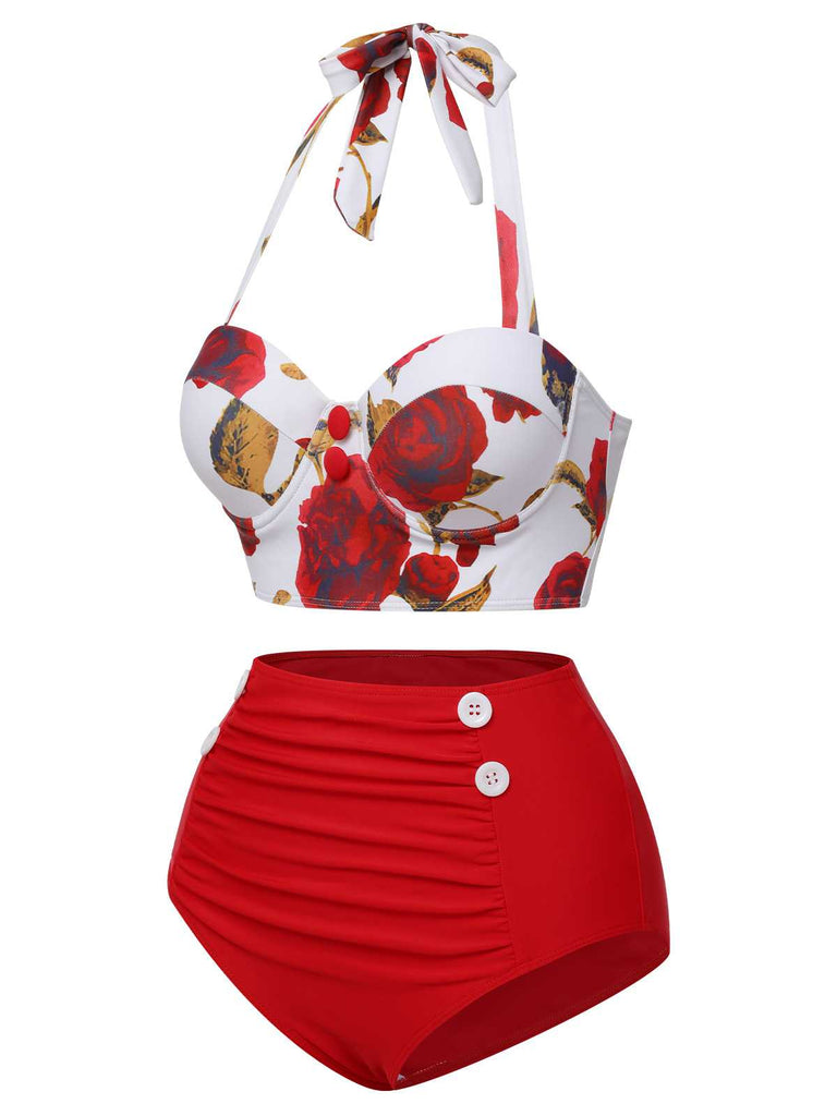 Red 1940s Halter Roses Swimsuit