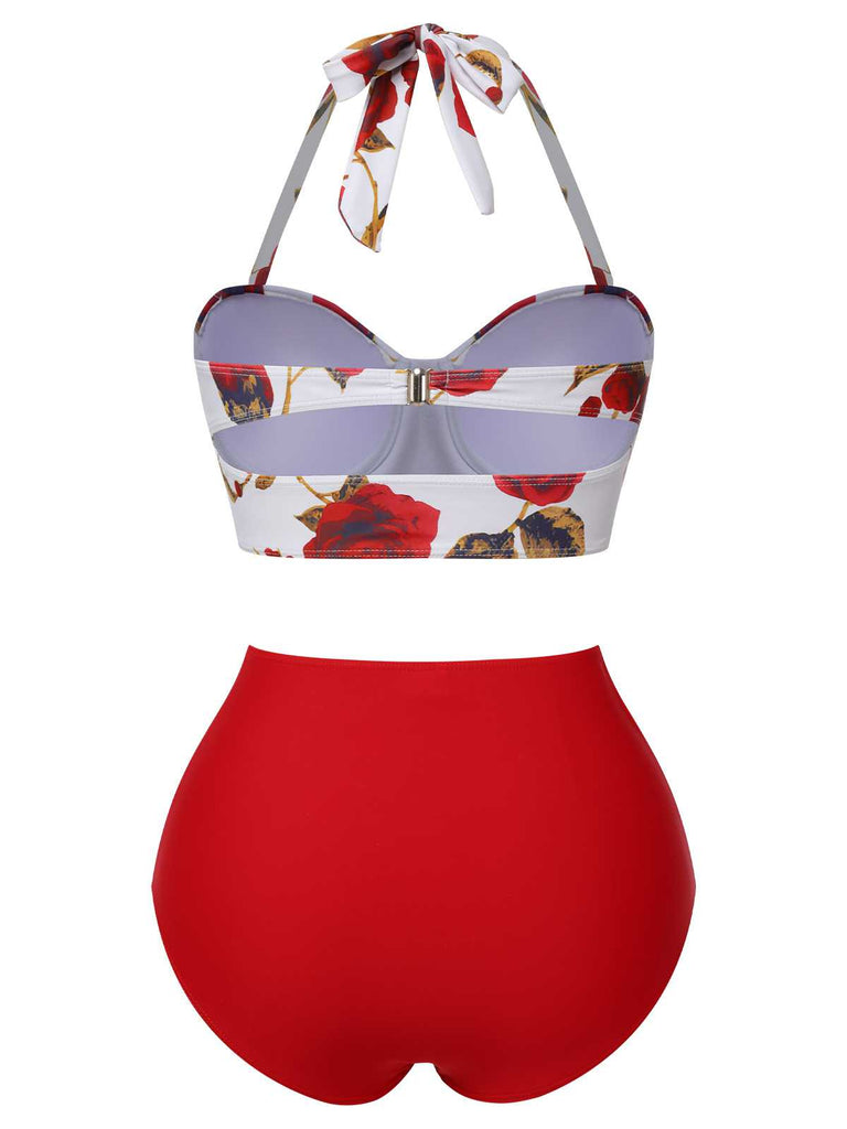 Red 1940s Halter Roses Swimsuit