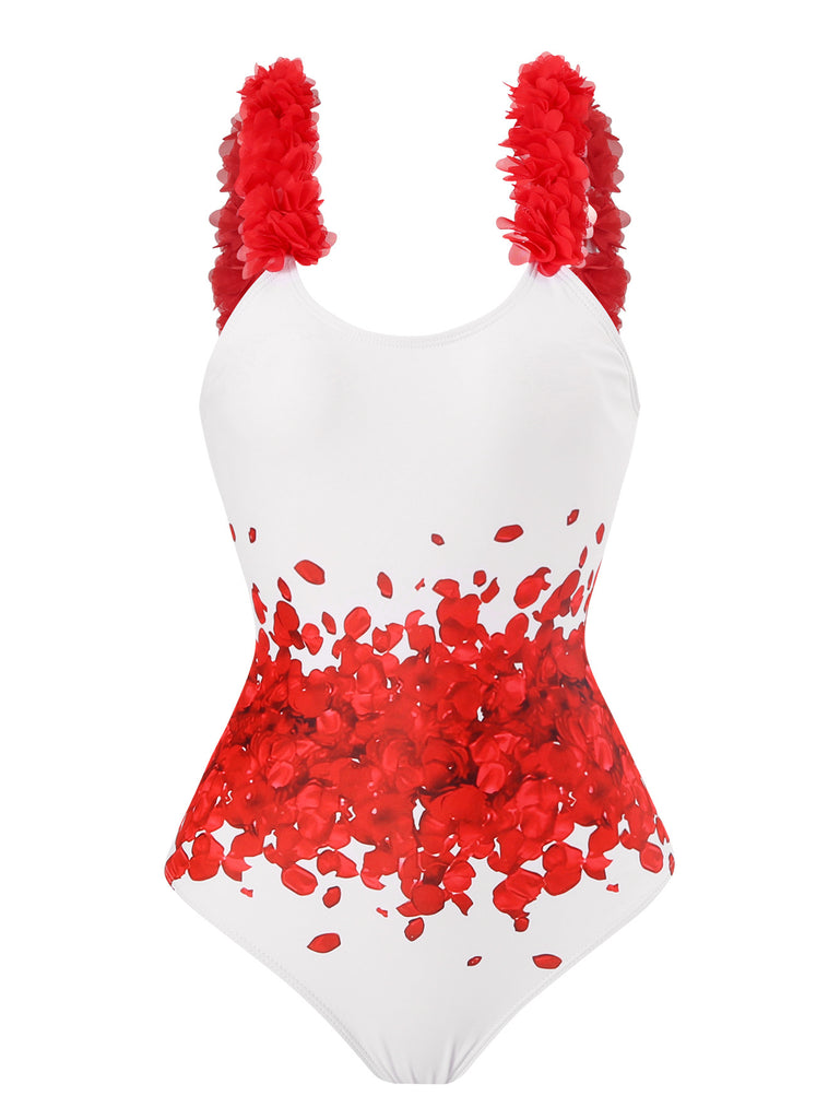 Red 1960s Floral Suspender Swimsuit Set