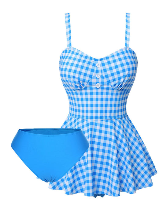 Dark Blue 1950s Plaid Spaghetti Strap Swimsuit