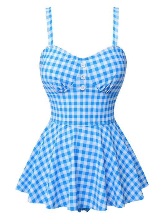 Dark Blue 1950s Plaid Spaghetti Strap Swimsuit