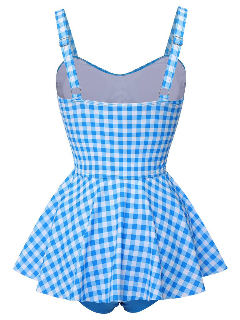 Dark Blue 1950s Plaid Spaghetti Strap Swimsuit