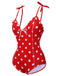 Red 1950s Polka Dot Shoulder Tie Swimsuit