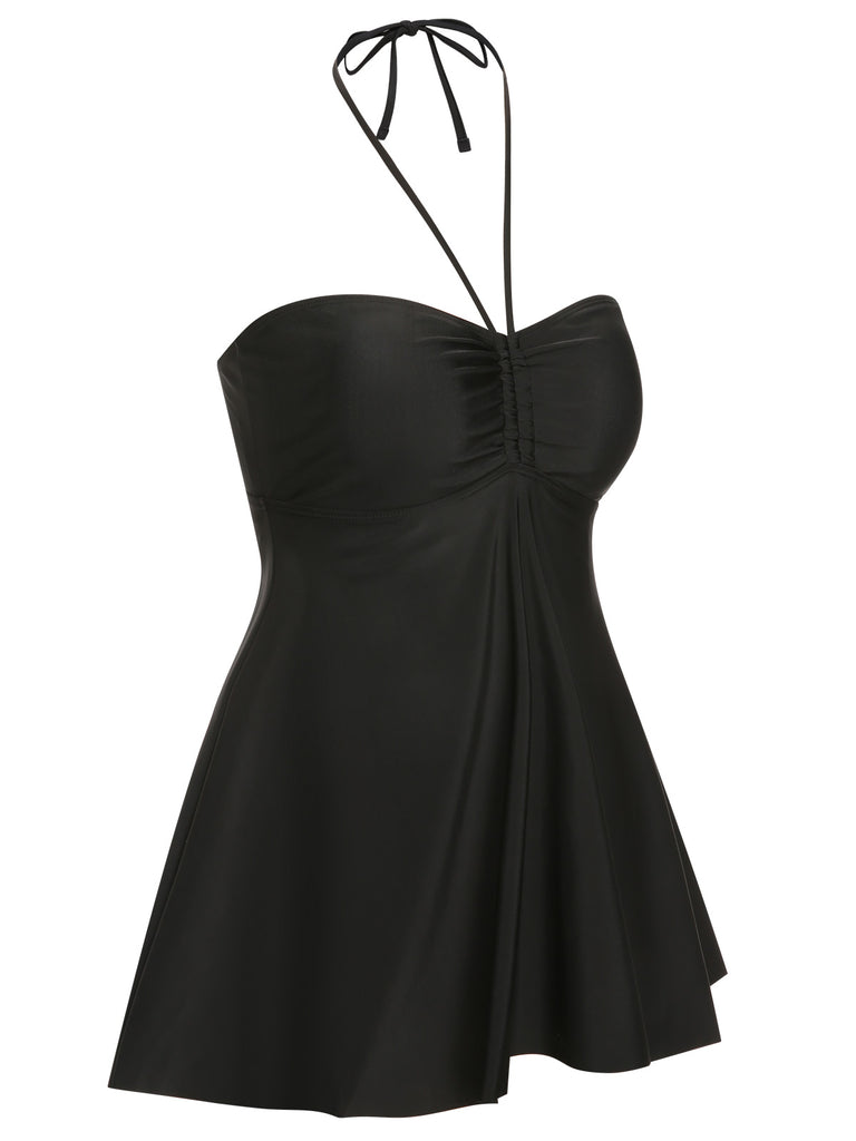 [Plus Size] Black 1940s Solid Bandeau Halter Skirt Swimsuit