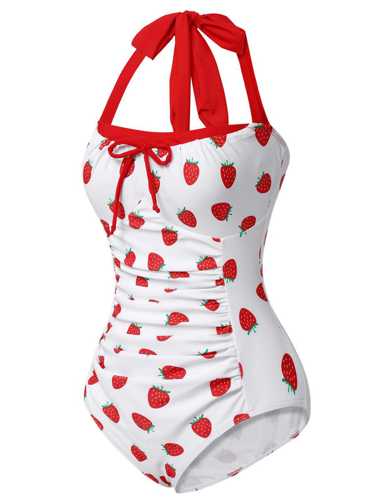 Red 1960s Halter Bow Strawberry One-Piece Swimsuit