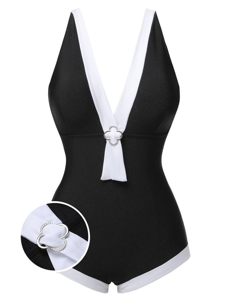 Black 1960s V-Neck Patchwork One-Piece Swimsuit