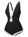 Black 1960s V-Neck Patchwork One-Piece Swimsuit