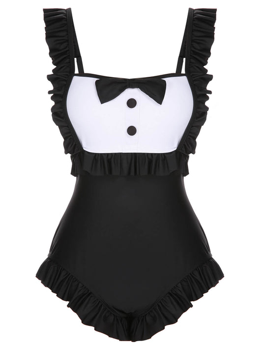 Black 1960s Tuxedo Ruffle Strap Swimsuit