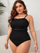 [Plus Size] Black 1950s Solid Knitted Strap Swimsuit