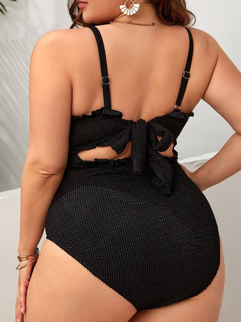 [Plus Size] Black 1950s Solid Knitted Strap Swimsuit