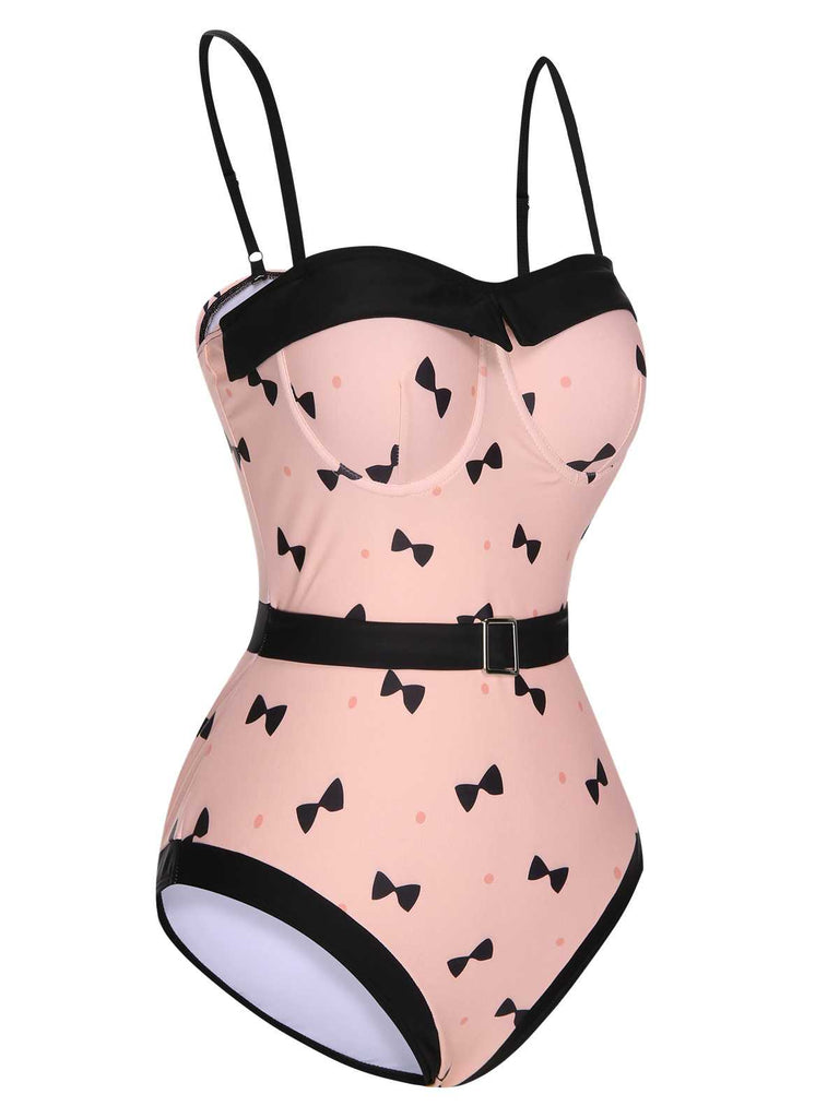 Pink 1950s Bow Polka Dots Print One-Piece Swimsuit