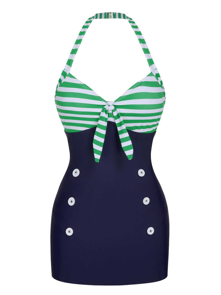 1960s Halter Strips Buttoned One-Piece Swimsuit