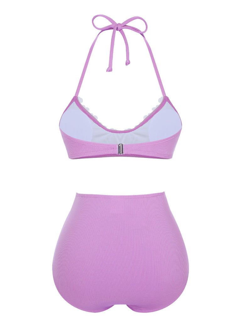 Purple 1960s Halter Knit Daisy Swimsuit