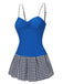 Blue 1960s Plaid Patchwork Strap Swimsuit