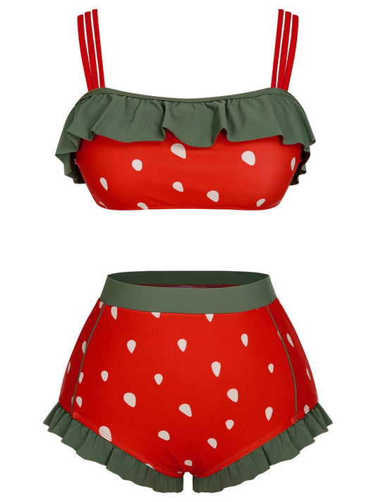 Red 1950s Strawberry Ruffle Strap Swimsuit