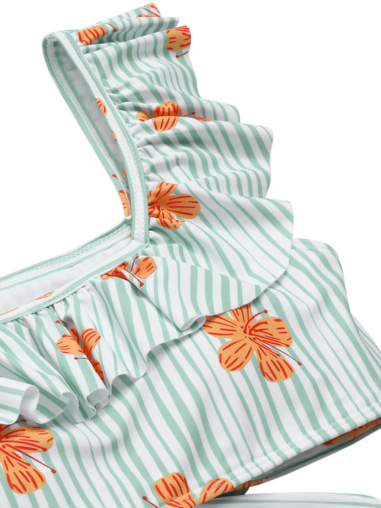 Light Green 1950s Floral Stripe Swimsuit & Skirt Cover-Up