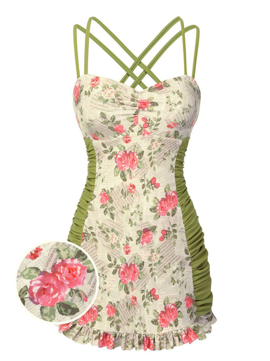 1940s Double Strap Pleated Roses One-Piece Swimsuit