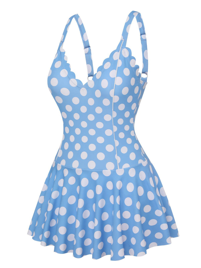 Blue 1960s Polka Dot Petal Neck Swimsuit